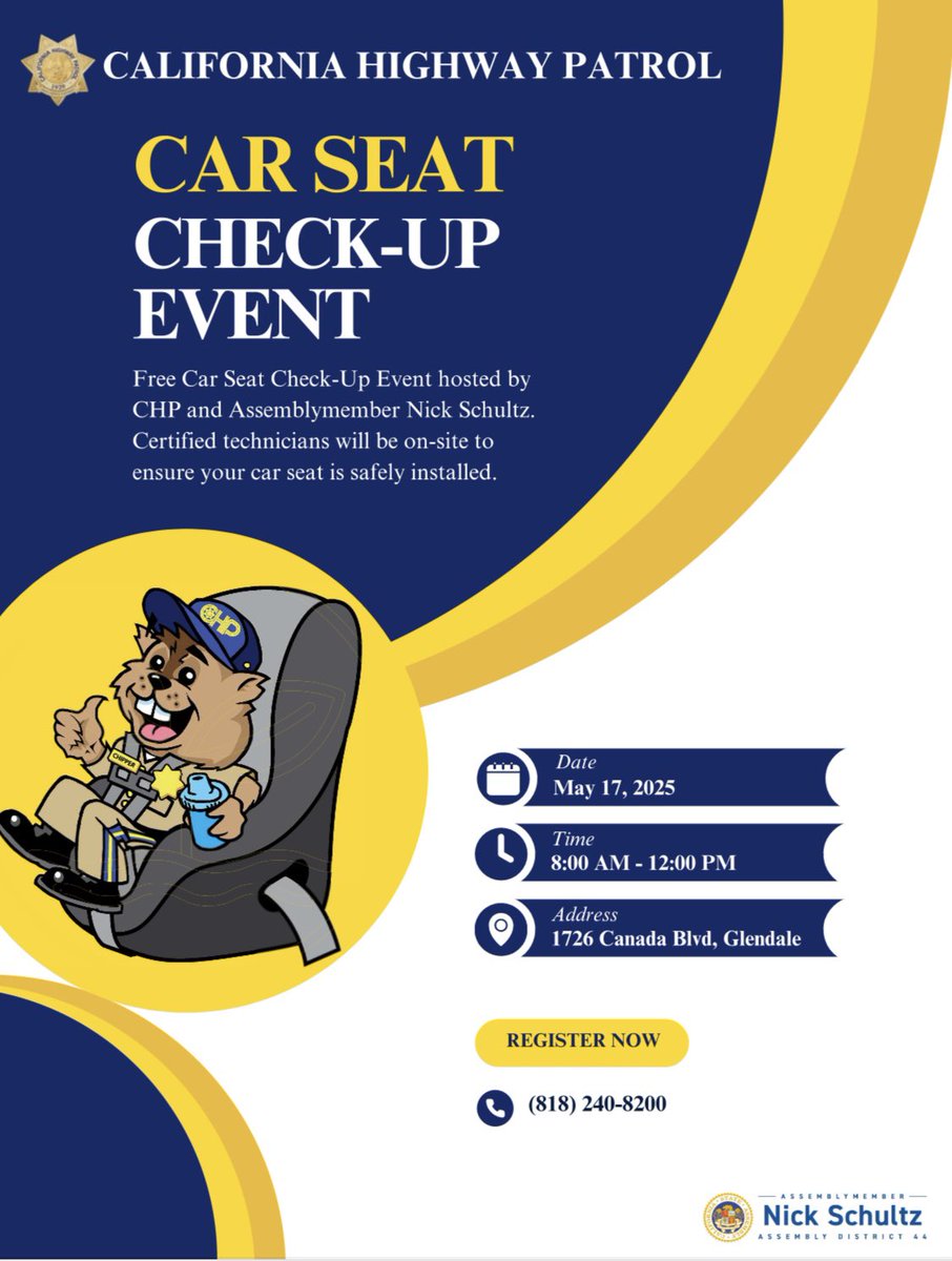 Keep your little ones safe!
Join us for a FREE CHP Car Seat Check-Up Event on May 17, 2025, from 8 AM to 12 PM at 1726 Canada Blvd, Glendale, CA. Certified techs will help ensure your child's car seat is installed correctly.
Spots are limited-call (818) 240-8200 to register now!