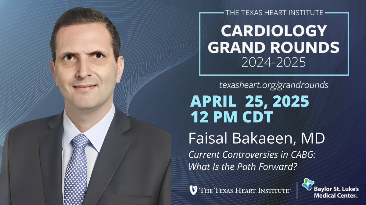 The Texas Heart Institute (@texas_heart) on Twitter photo Join us this Friday, April 25, for Cardiology Grand Rounds with Dr. <a href="/FaisalBakaeen/">Faisal Bakaeen MD</a> of the <a href="/ClevelandClinic/">Cleveland Clinic</a> as he presents: βCurrent Controversies in CABG: What Is the Path Forward?β
Gain insights on off-pump #CABG, patient selection, and conduit choices.
π Register now: Join us this Friday, April 25, for Cardiology Grand Rounds with Dr. <a href="/FaisalBakaeen/">Faisal Bakaeen MD</a> of the <a href="/ClevelandClinic/">Cleveland Clinic</a> as he presents: βCurrent Controversies in CABG: What Is the Path Forward?β
Gain insights on off-pump #CABG, patient selection, and conduit choices.
π Register now:
