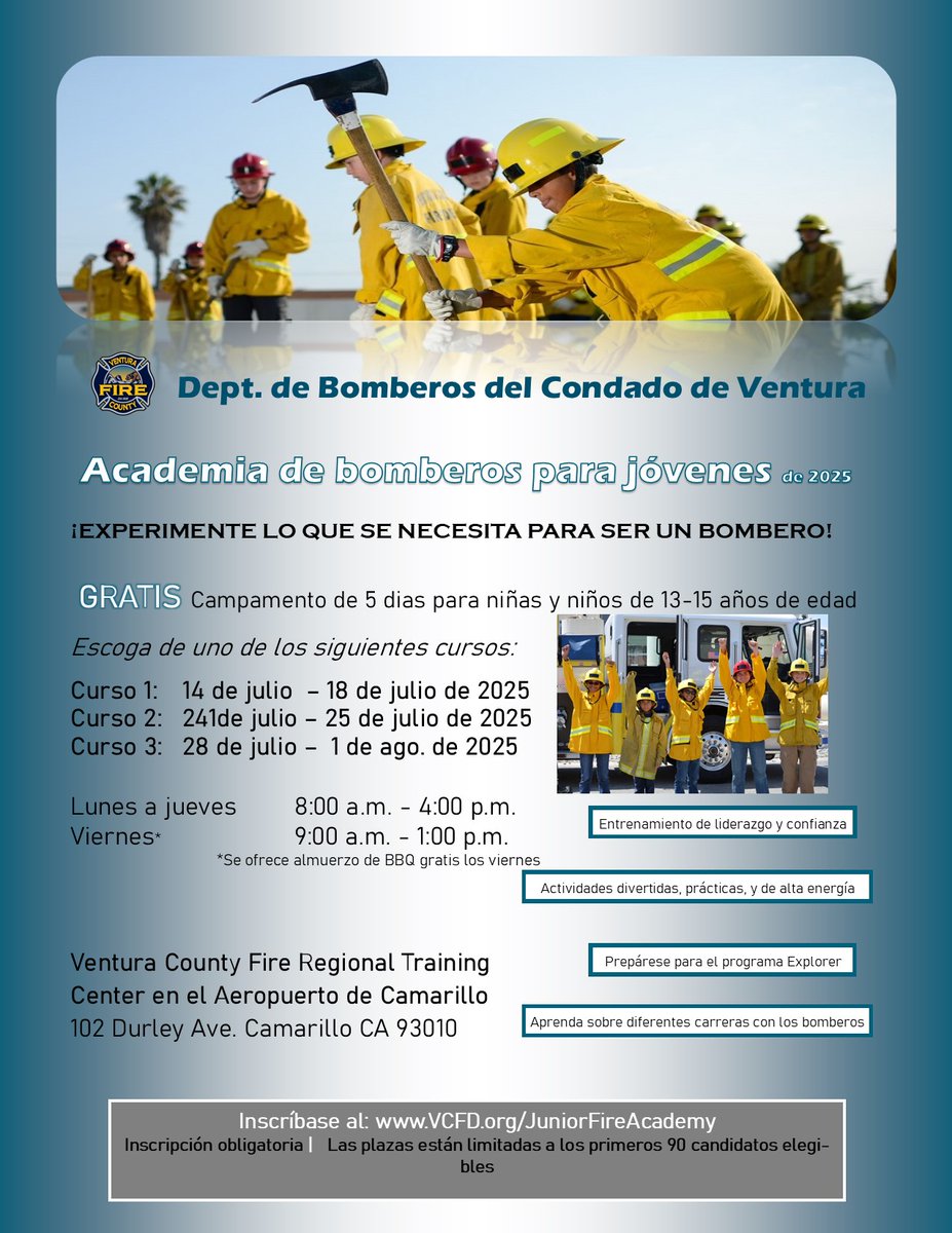 santapaulacity's tweet image. 🚒🔥 ¡Atención futuros bomberos!

Inscripciones abren el 1 de mayo a las 9 a.m. para la Academia GRATUITA de Bomberos del VCFD.

🧯 CPR, excursiones, BBQ y más

📍 Camarillo

📝 ayrs.io/YO0iDK

#AcademiaDeBomberos #VCFD #CondadoDeVentura