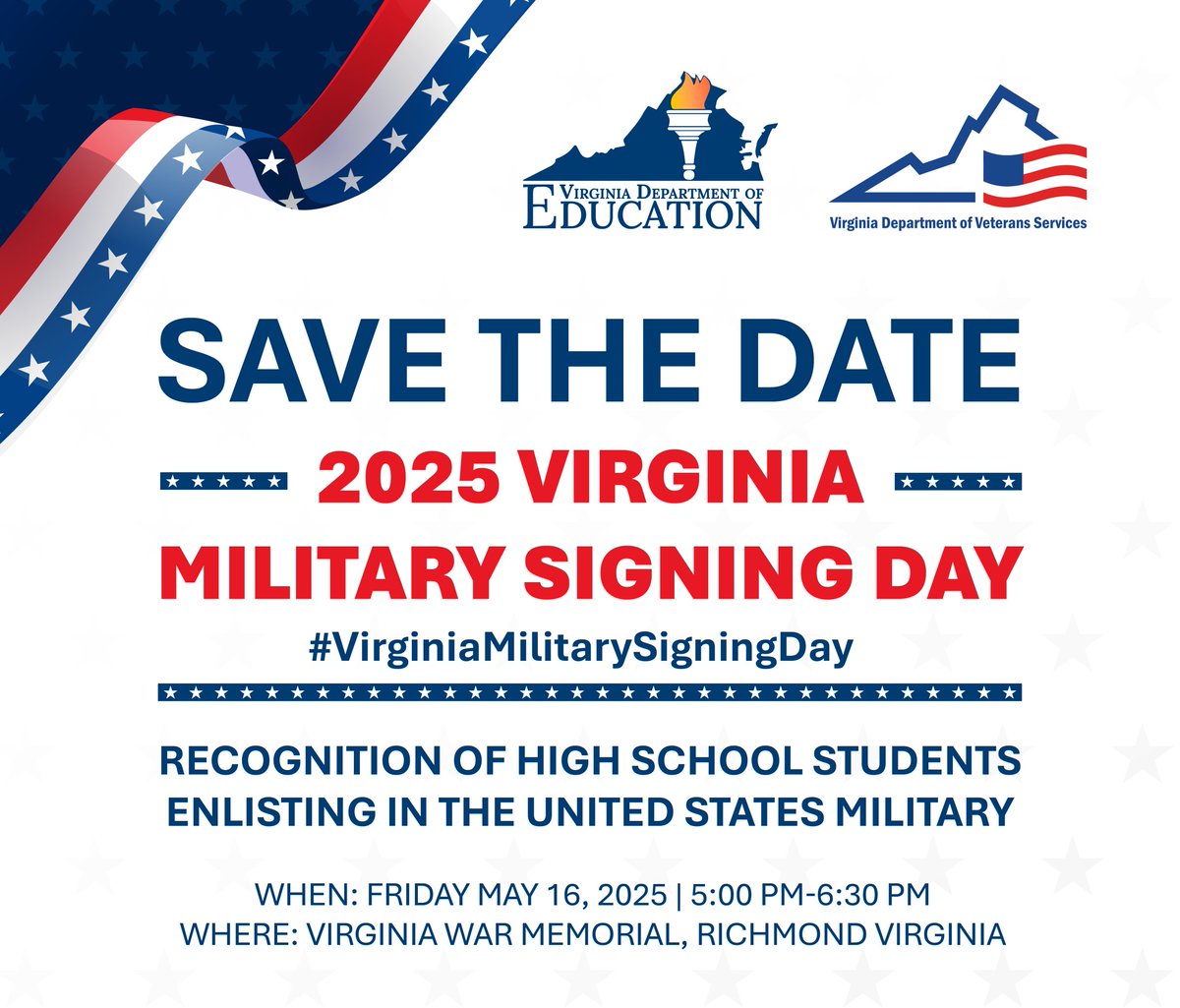 Join us and the Virginia Department of Veteran Services for Military Signing Day as we recognize high school students enlisting in the U.S. military. The event will take place at the Virginia War Memorial on Friday, May 16!  

Learn more here: ow.ly/c0OP50VEL2s