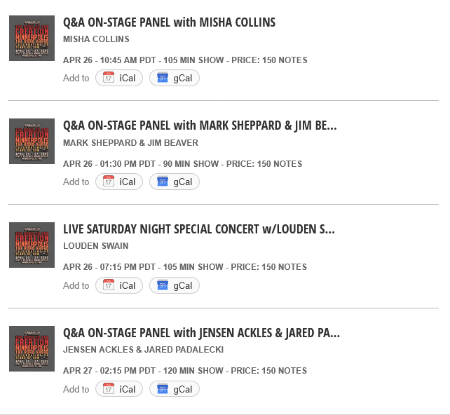 Some panels &amp; the <a href="/LoudenSwain1/">Louden Swain</a>'s SNS on <a href="/Stageit/">StageIt</a> too! 🤟🏼💖🎶
#CEMinn #SPNMinn

Tickets 🎟️@ 🔗stageit.com/creationent