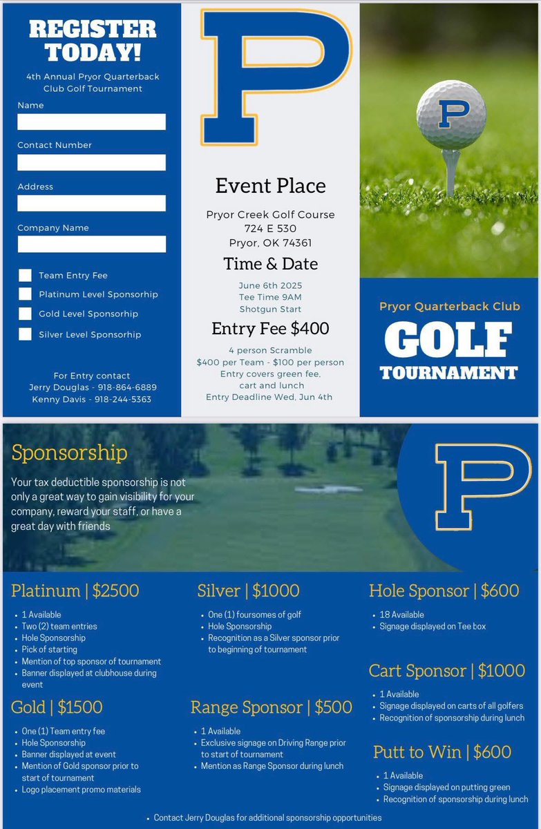 4th Annual Pryor Quarterback Club Golf Tournament 

Get signed up today✒️

Get you a team together and join us on June 6th at Pryor Creek Golf Course ⛳️

If you have any questions, reach out to Kenny Davis or Jerry Douglas. Contact info is on the flyer.

#DrawTheLine 🏈🅿️