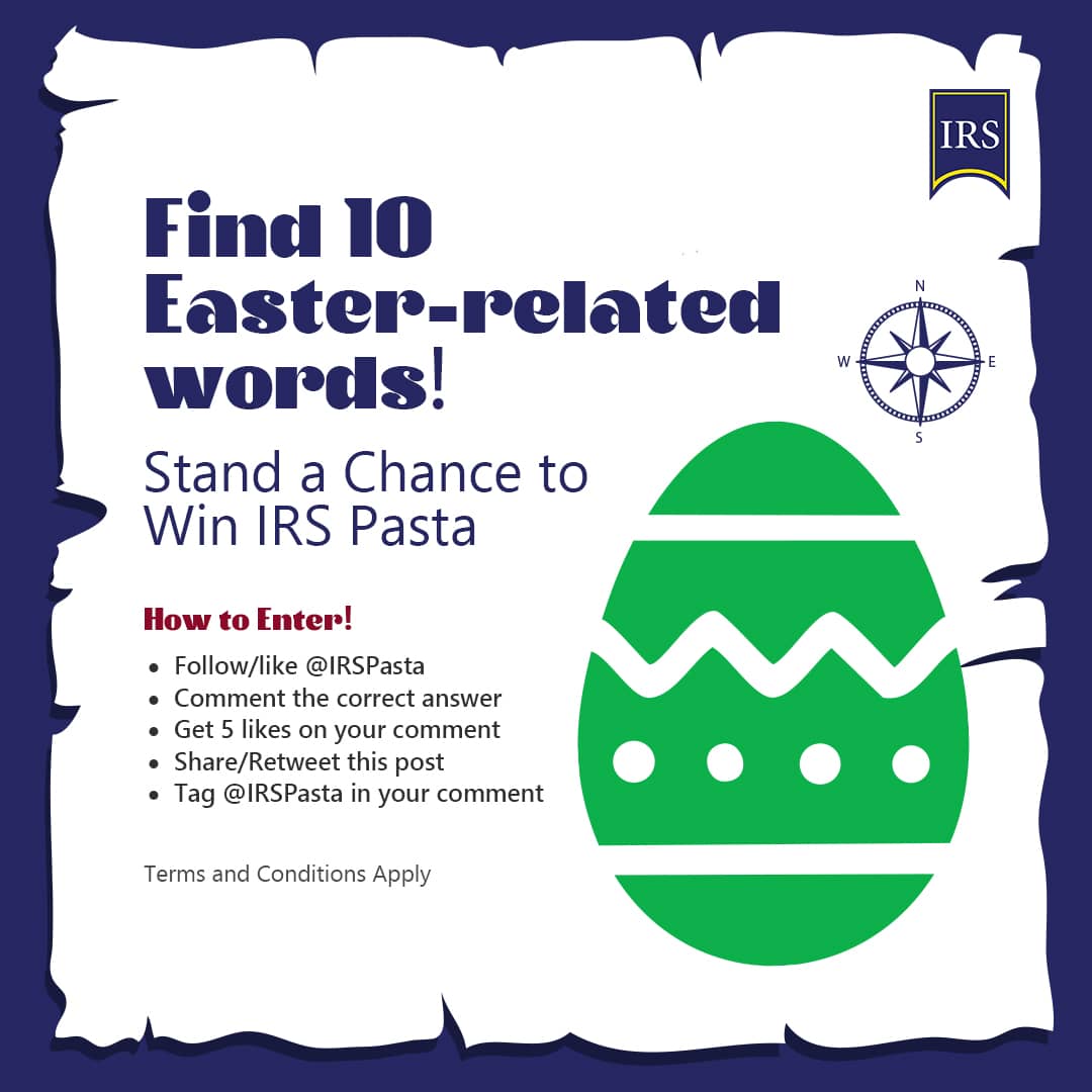 IRSPasta's tweet photo. LAST CHANCE TO WIN! Can you find all the delicious ingredients in our word search?

 Tell us 10 of them in comment section and stand a chance to win @IRSPasta. 

#IRSPasta 
#BUAFoods
 #NourishingLives 
#Easter2025 
#LastChanceToWin https://t.co/K7pYqZ7ZYV