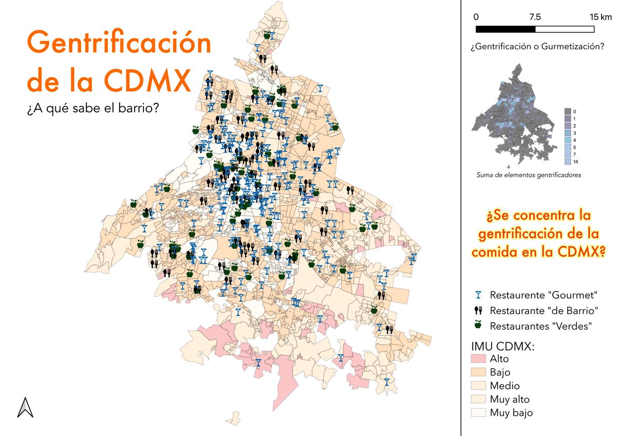 ¿Gentrificación o “Gourmetización”?🍝🧐  

Nuestro alumno <a href="/Taiyo_r/">benitobodoque</a> 😻 mapeó la distribución de Restaurantes “Gourmet”, “de Barrio”y “Verdes” en la CDMX. 

🔎 ¿Coinciden con las zonas de menor marginación urbana? Fuente: DENUE 2024

#Gourmetización 
#DesigualdadesQGIS