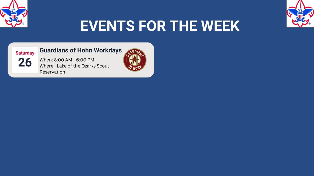 GRC_Scouting's tweet image. Upcoming events for April 21 - April 27. Make sure to check the website for more information!

greatriversscouting.org/calendar/