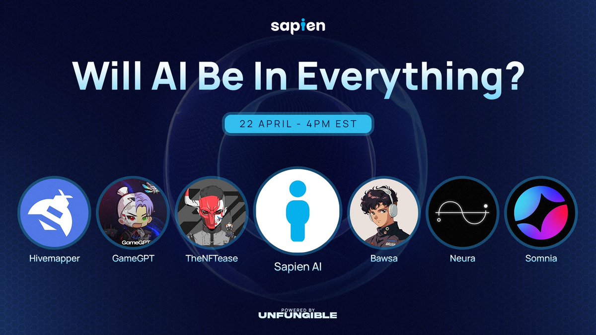 AI. Everything. Everywhere. All at Once. 

Join us and our stacked panel of guests: 
<a href="/NeuraADND/">Neura</a>
<a href="/Somnia_Network/">Somnia</a>
<a href="/Gamegptofficial/">GameGPT by PRISM</a>
<a href="/Hivemapper/">Hivemapper</a> 
@TheNFTease 
@jbawsa 

🗓️ April 22, 2025 at 4PM EST 
👇 Set your reminder!