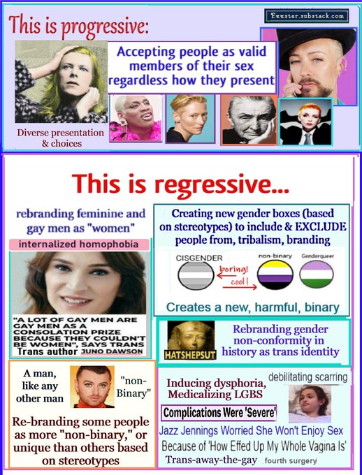 exxster's tweet image. 1 and 2: Wrong, TERFs know that real women vary in appearance and personality. They are just never male. Your movement rebrands those women as non-women or men based on non-conformity. 
3, 4. Centering men and "gender" in feminism puts our autonomy and rights at risk and divides…