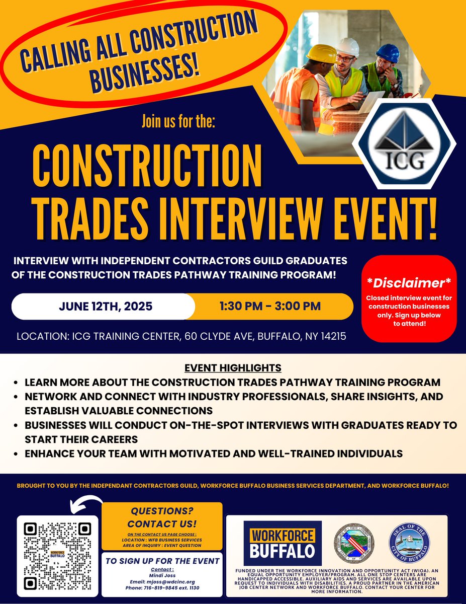On June 12th, from 1:30 PM - 3:00 PM, the Independent Contractors Guild and the Workforce Buffalo Business Services Department will proudly host the third Construction Trades Interview Event.

Please RSVP to Mindi Joss, at mjoss@wdcinc.org, or call 716-819-9845 x 1130.