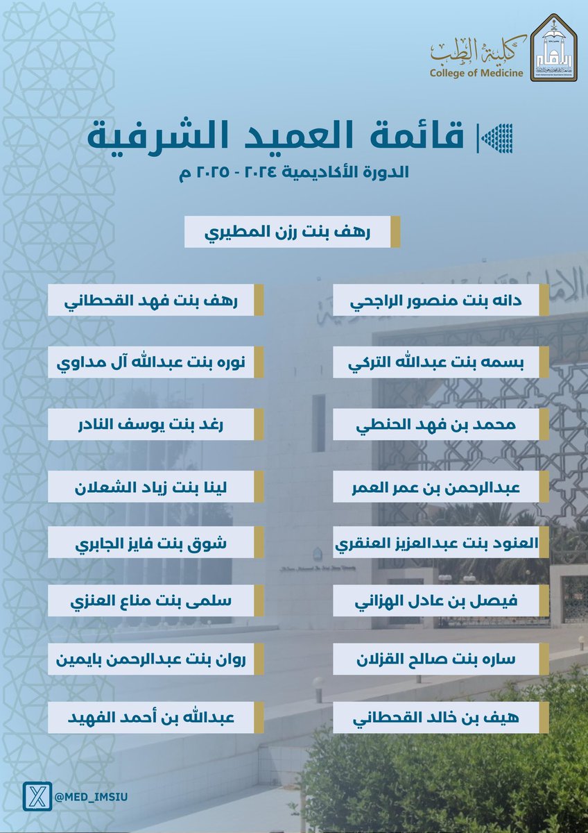 #تهنئة| 

تهنئ #كلية_الطب_بجامعة_الإمام أطباء وطبيبات الامتياز  الذين تم اختيارهم ضمن قائمة العميد الشرفية للدورة الأكاديمية ٢٠٢٤-٢٠٢٥ م.

سائلين الله لهم ولسائر طلبة الكلية دوام التوفيق والنجاح.

#جامعة_الإمام