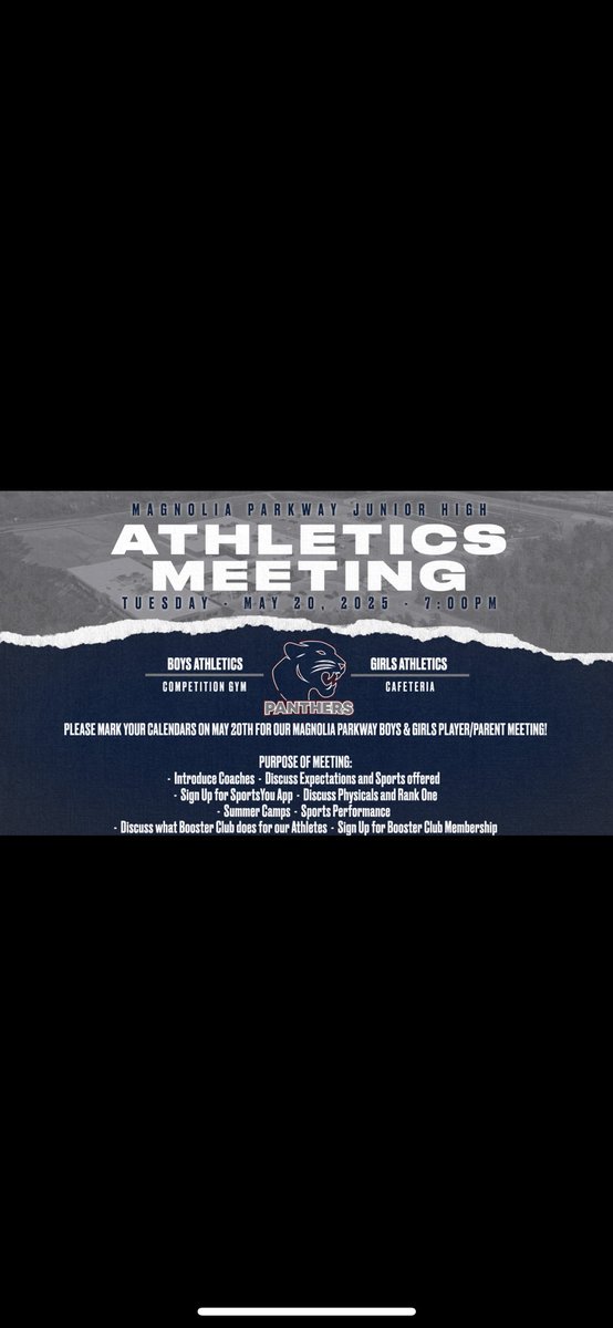 This meeting will be held at Magnolia Parkway Junior High. Please enter through the athletics entrance across from the football field. <a href="/MagISDAthletics/">Magnolia ISD Athletics</a>