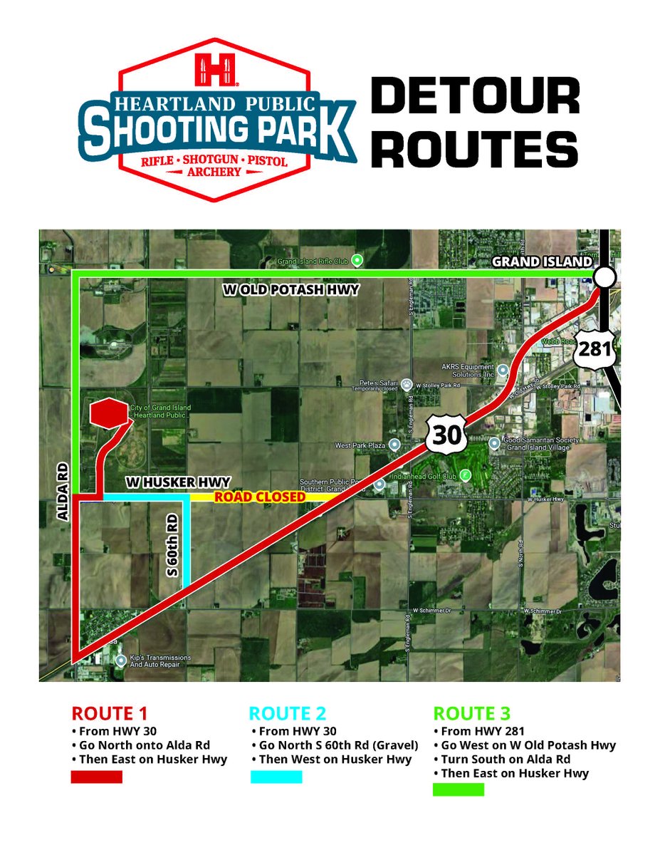Due to ongoing road construction at the intersection of Monitor Rd. and Husker Hwy, some routes to Heartland Public Shooting Park are temporarily inaccessible. To ensure a smooth trip to the Heartland Public Shooting Park, please review the updated detour directions below :