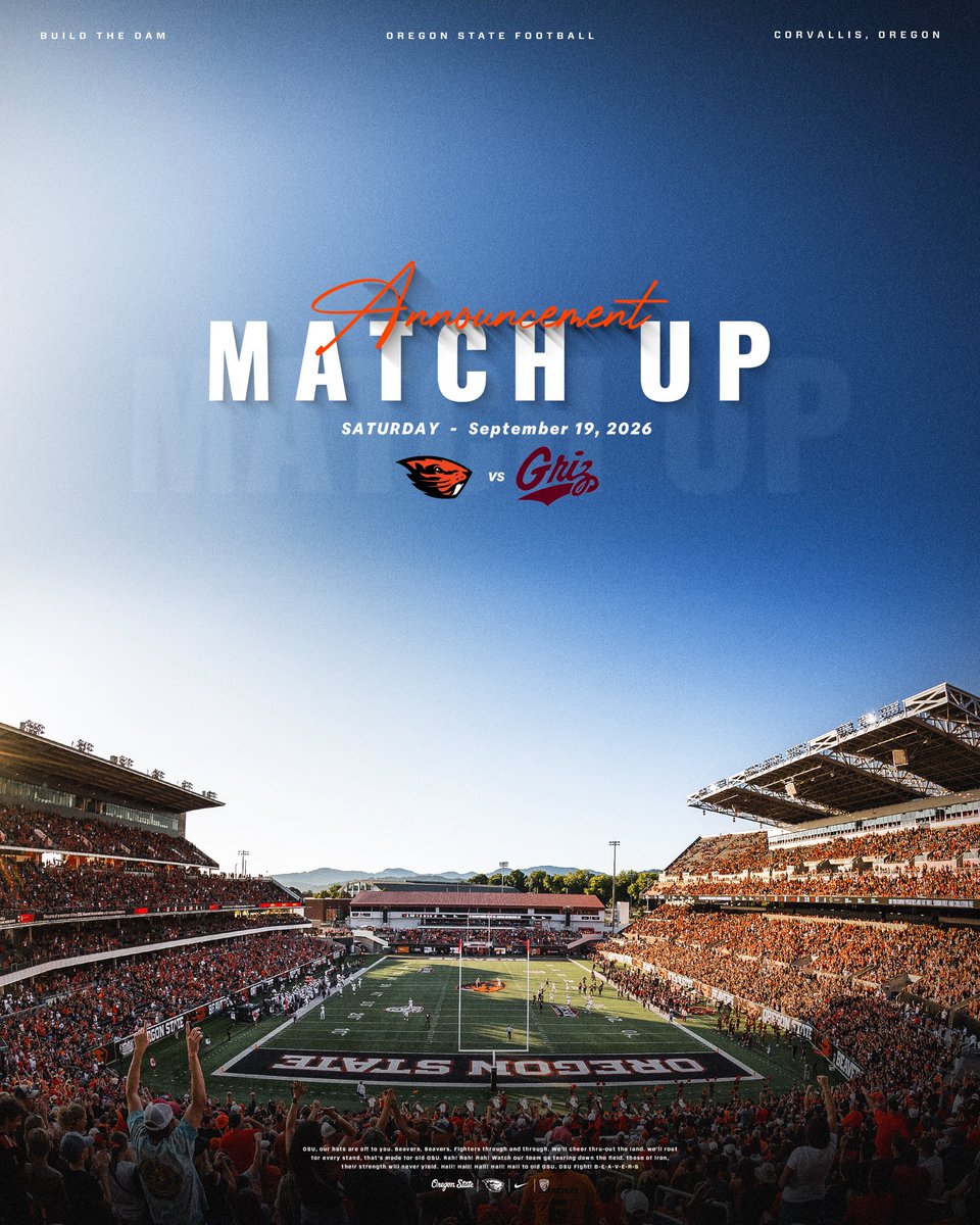 Match Up Announcement: Beavs vs Montana in the fall of ‘26.

📲 osubeavers.com/news/2025/4/21…