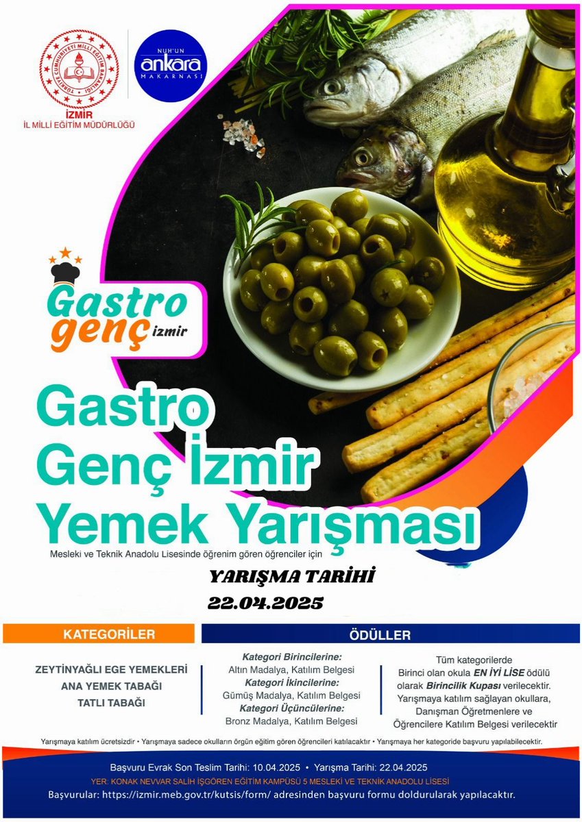 İzmir İl Milli Eğitim Müdürlüğü (@izmir_ilmem) on Twitter photo 🍽️👩🏻🍳✨İzmir İl Millî Eğitim Müdürlüğümüz Koordinasyonuyla Mesleki ve Teknik Anadolu Lisesi Öğrencilerimiz İçin Genç Gastro İzmir Yemek Yarışması
🗓️22.04.2025
<a href="/tcmeb/">Millî Eğitim Bakanlığı</a> <a href="/Yusuf__Tekin/">Yusuf Tekin</a> <a href="/drsuleymanelban/">Dr. Süleyman Elban</a> <a href="/yahsiomer/">Dr. Ömer YAHŞİ</a> 🍽️👩🏻🍳✨İzmir İl Millî Eğitim Müdürlüğümüz Koordinasyonuyla Mesleki ve Teknik Anadolu Lisesi Öğrencilerimiz İçin Genç Gastro İzmir Yemek Yarışması
🗓️22.04.2025
<a href="/tcmeb/">Millî Eğitim Bakanlığı</a> <a href="/Yusuf__Tekin/">Yusuf Tekin</a> <a href="/drsuleymanelban/">Dr. Süleyman Elban</a> <a href="/yahsiomer/">Dr. Ömer YAHŞİ</a>