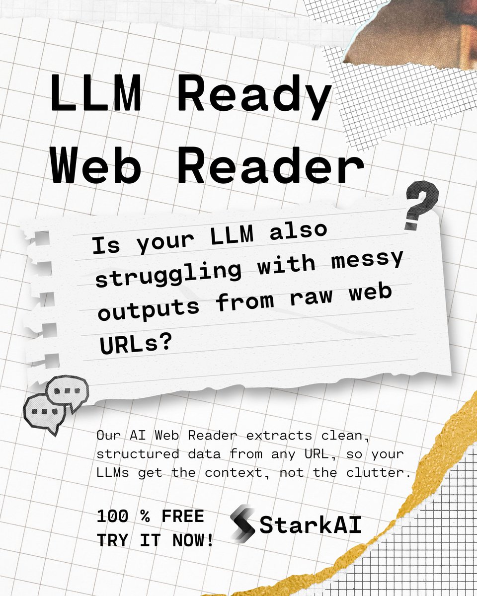 starkai_io's tweet photo. LLMs don’t like raw web pages.
But Web Reader does the cleanup.
⚙️ Structured
📄 LLM-ready
🆓 Free
Give your AI better input.
Try it now: https://t.co/l1s0qhjB3x
#StarkAI #AItools #WebReader #LLM #FreeTool https://t.co/kJgUOp0Uc4