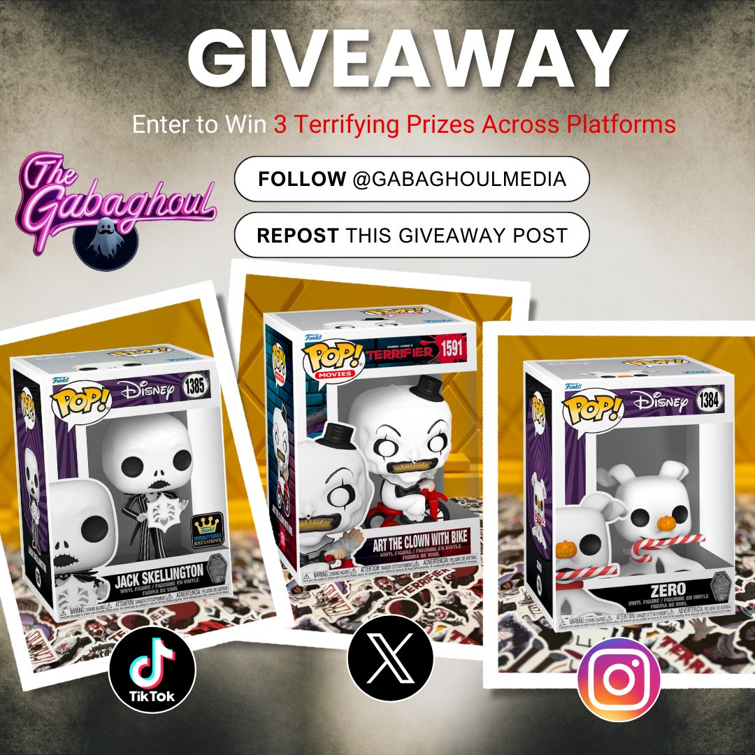 🎉GIVEAWAY TIME!🎉Enter to Win 3 Prizes!

Just FOLLOW @GabaGhoulMedia &amp; REPOST to win Art the Clown on Bike FunkoPop + Horror Stickers!🥳
👻Win an Zero with Candycane FunkoPop + Horror Stickers on our TikTok!
🎃Win an Exclusive Jack Skellington Snowflake FunkoPop + Horror