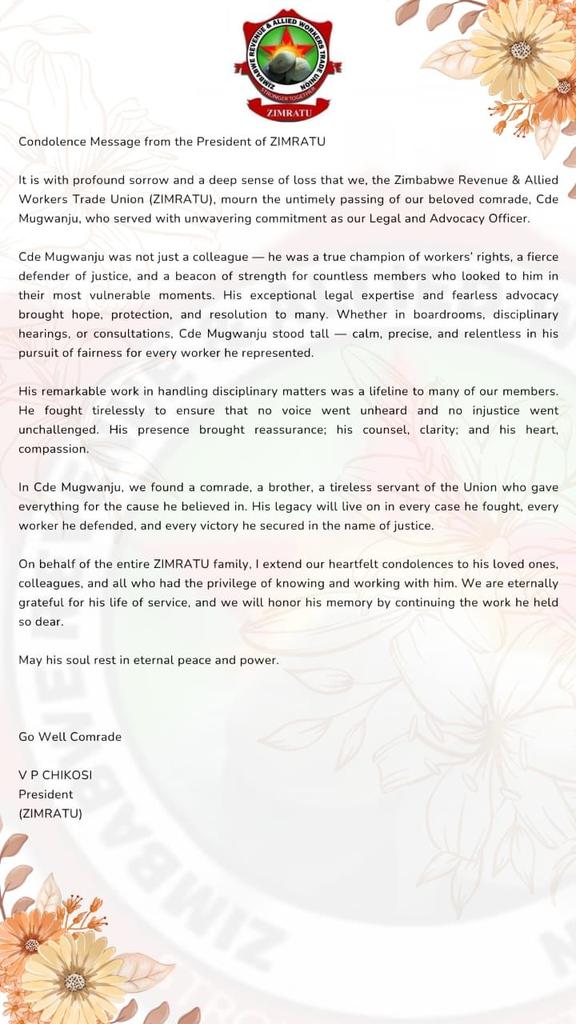ZIMRATU-Stronger Together! (@zimratu) on Twitter photo BREAKING :The President 's Condolences Message on the passing on of Cde Adrian Mugwanju, <a href="/zimratu/">ZIMRATU-Stronger Together!</a> Legal & Advocacy Officer, and former <a href="/ZctuZimbabwe/">ZCTU - Zimbabwe</a> Paralegal Officer. The march is not ended, the struggle continues! #MHDSRIEP <a href="/chikosip/">Chikosi Valentine</a>
<a href="/MukurazhizhaJ/">Joseph Mukurazhizha</a> <a href="/ngwazyngwazy/">lovemore ngwarati</a> BREAKING :The President 's Condolences Message on the passing on of Cde Adrian Mugwanju, <a href="/zimratu/">ZIMRATU-Stronger Together!</a> Legal & Advocacy Officer, and former <a href="/ZctuZimbabwe/">ZCTU - Zimbabwe</a> Paralegal Officer. The march is not ended, the struggle continues! #MHDSRIEP <a href="/chikosip/">Chikosi Valentine</a>
<a href="/MukurazhizhaJ/">Joseph Mukurazhizha</a> <a href="/ngwazyngwazy/">lovemore ngwarati</a>