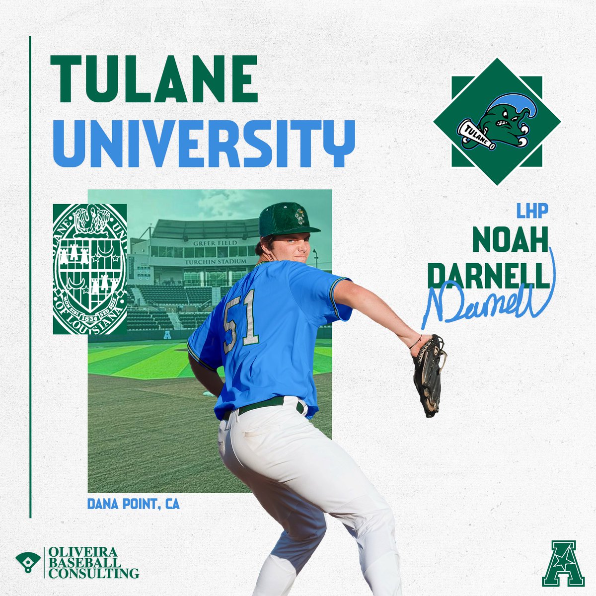 OBC_Recruits's tweet image. Congrats to Noah Darnell on his commitment to Tulane University. The SoCal lefty is heading to New Orleans to play for the Green Wave. Fired up for the Darnell family. #Tulane #RollWave #AAC #Committed #OBC