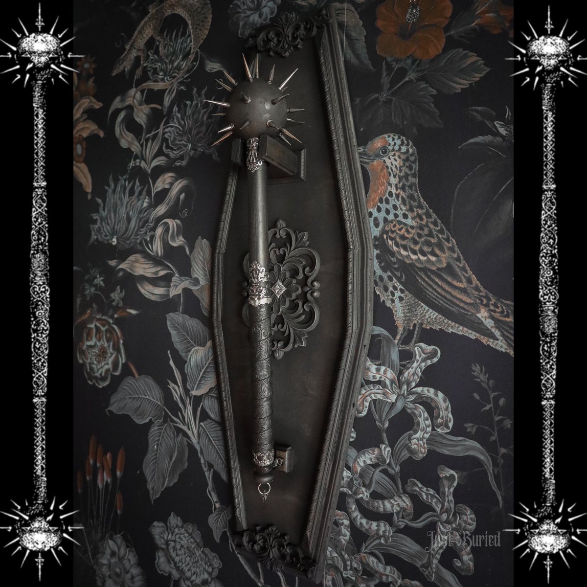 JUSTBURIED_CO's tweet photo. Kicking off our first ever 
MEDIEVAL⚔️MONDAY
~The Impaler~
Our variant of the Morningstar mace,  wooden, decorative ornate details. Metal spikes attached to wooden sphere, paired with metal lace accents, brass bat at top of grip area that is wrapped with embossed faux leather. https://t.co/HGzxDL40Nc