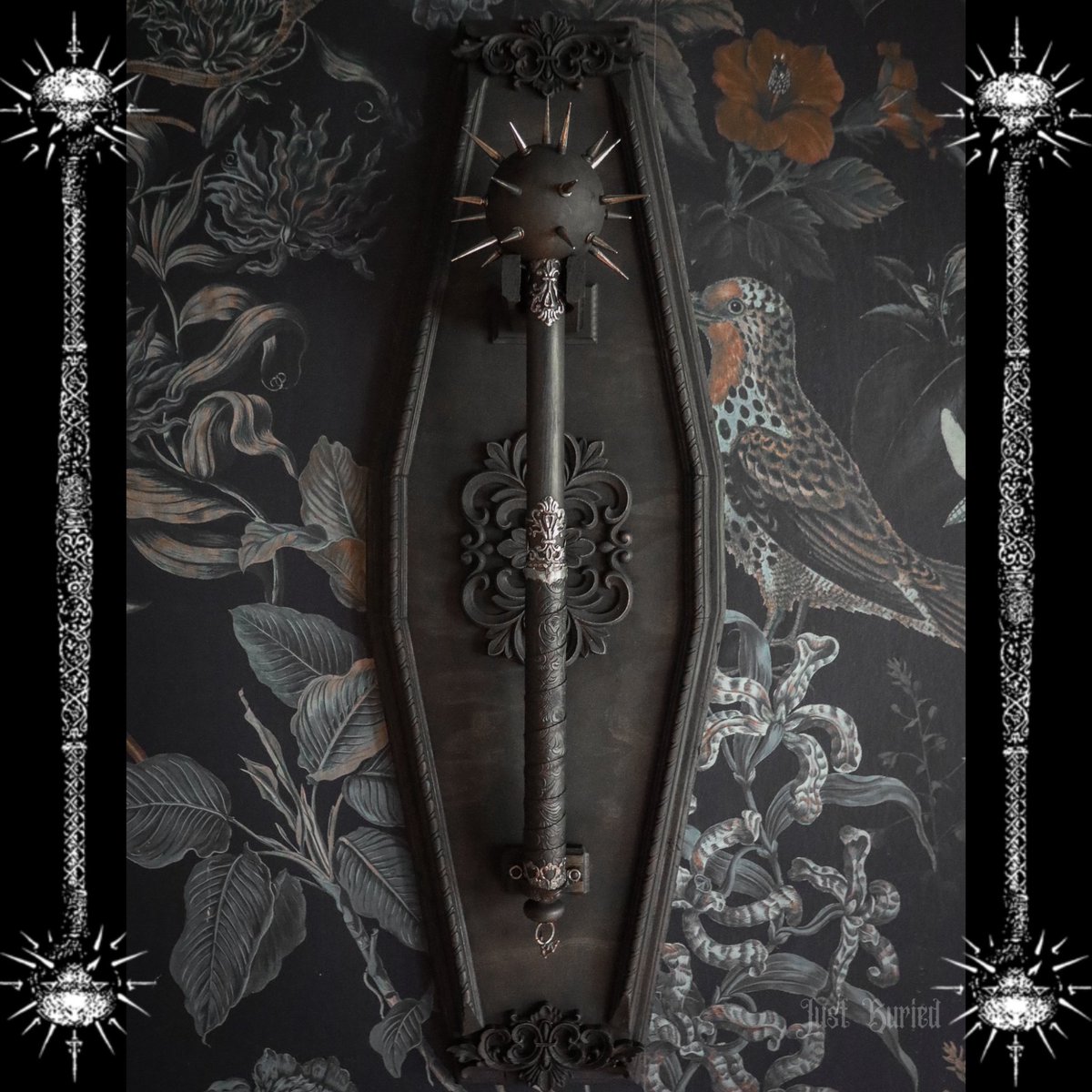 JUSTBURIED_CO's tweet photo. Kicking off our first ever 
MEDIEVAL⚔️MONDAY
~The Impaler~
Our variant of the Morningstar mace,  wooden, decorative ornate details. Metal spikes attached to wooden sphere, paired with metal lace accents, brass bat at top of grip area that is wrapped with embossed faux leather. https://t.co/HGzxDL40Nc