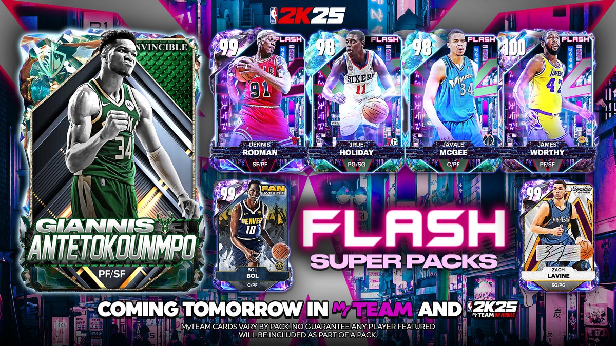 NBA2KMyTEAM's tweet photo. Stars who can take over the game in a flash ⚡👑 — Flash Super Packs drop TOMORROW in MyTEAM featuring 4 all-new Flash players!

Complete Flash Challenge Groups all season to collect shattered prize pieces. Combine them for a 99+ OVR Premium Player Pack 💥

This week’s Flash Super Pack includes:
💯 OVR James Worthy
🌌 Dark Matter Dennis Rodman
💫 Galaxy Opal JaVale McGee
💫 Galaxy Opal Jrue Holiday
➕ 14 additional 💯 OVR Players & over 45 🌌 Dark Matter Players!

Move fast or miss out ⏳