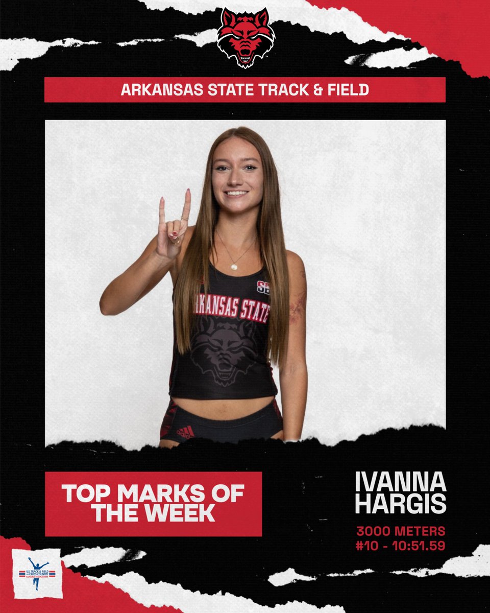 3️⃣ Red Wolves in this week's <a href="/USTFCCCA/">USTFCCCA</a> Top-10 Marks of the Week in their respective events! 

Colby Eddowes: #2️⃣ in decathlon
Aviel Gasko: #🔟 in men's 3000 meters
Ivanna Hargis: #🔟 in women's 3000 meters 

#WolvesUp