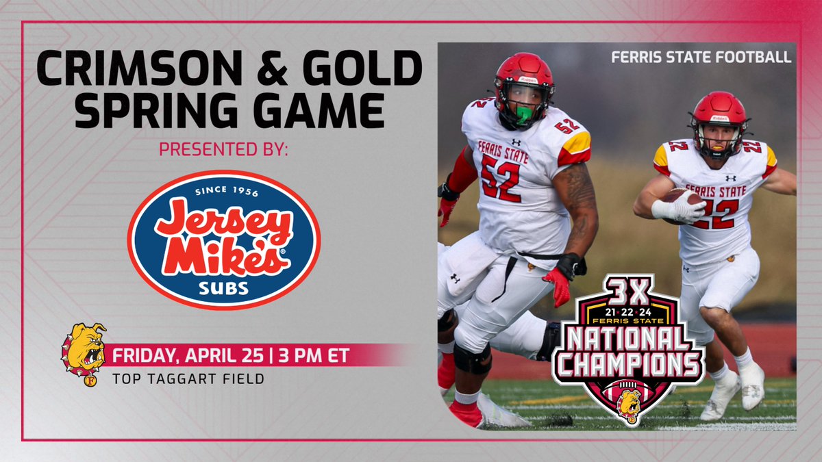 Ferris Athletics (@ferrisathletics) on Twitter photo SPRING GAME! Ferris State Football Crimson & Gold Spring Game set for this Friday at 3 pm (ET) at Top Taggart Field! tinyurl.com/4wpt3sa7 <a href="/FerrisFootball/">Ferris St. Football</a> SPRING GAME! Ferris State Football Crimson & Gold Spring Game set for this Friday at 3 pm (ET) at Top Taggart Field! tinyurl.com/4wpt3sa7 <a href="/FerrisFootball/">Ferris St. Football</a>
