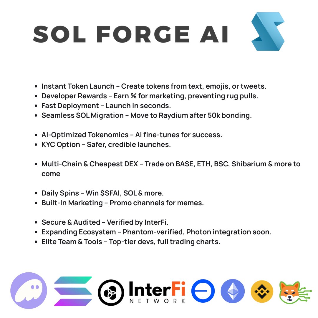 SolCryptobanter's tweet photo. Launching a token is a breeze with @SolForgeAI on multiple blockchains.
Create in seconds, earn fees, and trade seamlessly with AI-optimised tokenomics.
Join the revolution today!
#SolForgeAI #Crypto #TokenLaunch
Why SolForgeAI Rocks:
โ
Effortless Launch โ Instantly create tokens using just text, emojis, or tweets! No coding needed.
โ
Earn While You Launch โ Get a cut of platform fees for promoting your token. Anti-rug, pro-builder.
โ
Smooth Trading โ Instant liquidity on platforms like Raydium after hitting market cap milestones.
โ
Smart Tokenomics โ AI fine-tunes your project for maximum growth and sustainability.
Built for creators. Powered by AI. Deployed on Multiple Chains.
Let the magic happen โ faster than ever.
https://t.co/QqiYXERZkT
$SFAI contract address: AZYPJCpFnPGriDUhxKNJ2qCkd9PGtjn6Wy1HNuvxy7oJ.
Stay connected and join the conversation:
- Linktree: https://t.co/YAKlVkxEaI
- Telegram: https://t.co/GiFESNcyRW
- X: https://t.co/27U652o8j4
- TikTok: @solforgeai
- Instagram: https://t.co/azBlOBOss8
- YouTube: @SOL_Forge_AI
- Reddit: https://t.co/JCjdZ0vvxp
@toly
@solana
@SolanaFndn
@phantom
@solananew
@raydiumprotocol
@tradewithPhoton
#solforgeai #raydium #solana #solanafoundation #CryptoSafety #KYC #pumpfunkiller #phantom #DEX #Cryptoexhange #launchpad #pumpfun #pumpfunkiller