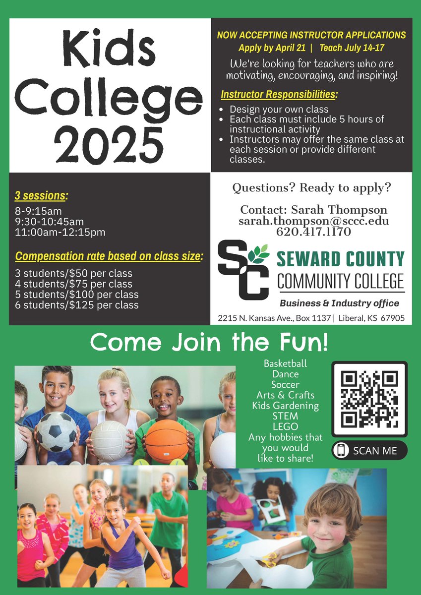 Applications to teach at Kids' College 2025 are due today!  We would love to have you join us.  Teachers must be 16yrs or older and have a passion and/or expertise in the topic they want to teach.  Use the QR code to take you directly to the application!