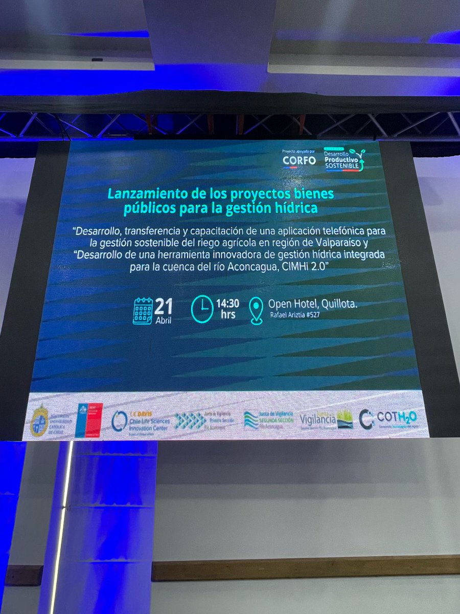 2aJunta's tweet image. |AHORA| Lanzamiento de los proyectos: "Desarrollo, transferencia y capacitación de una app telefónica para la gestión sostenible del riego agrícola en Valparaíso y “Desarrollo de una herramienta innovadora de gestión hídrica integrada para la cuenca del río Aconcagua, CIMHi 2.0”