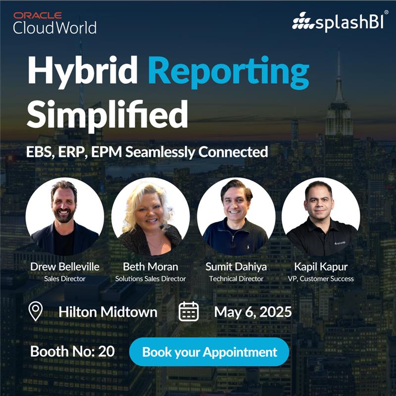 SplashBI's tweet image. Heading to Oracle CloudWorld New York?
Visit SplashBI to see how hybrid reporting bridges EBS, ERP Cloud &amp;amp; EPM Cloud for faster decisions. Live demos await!

Book now → bit.ly/4ihuSqX

#OracleCloudWorld #SplashBI #SQLConnect #OracleAnalytics #HRReporting