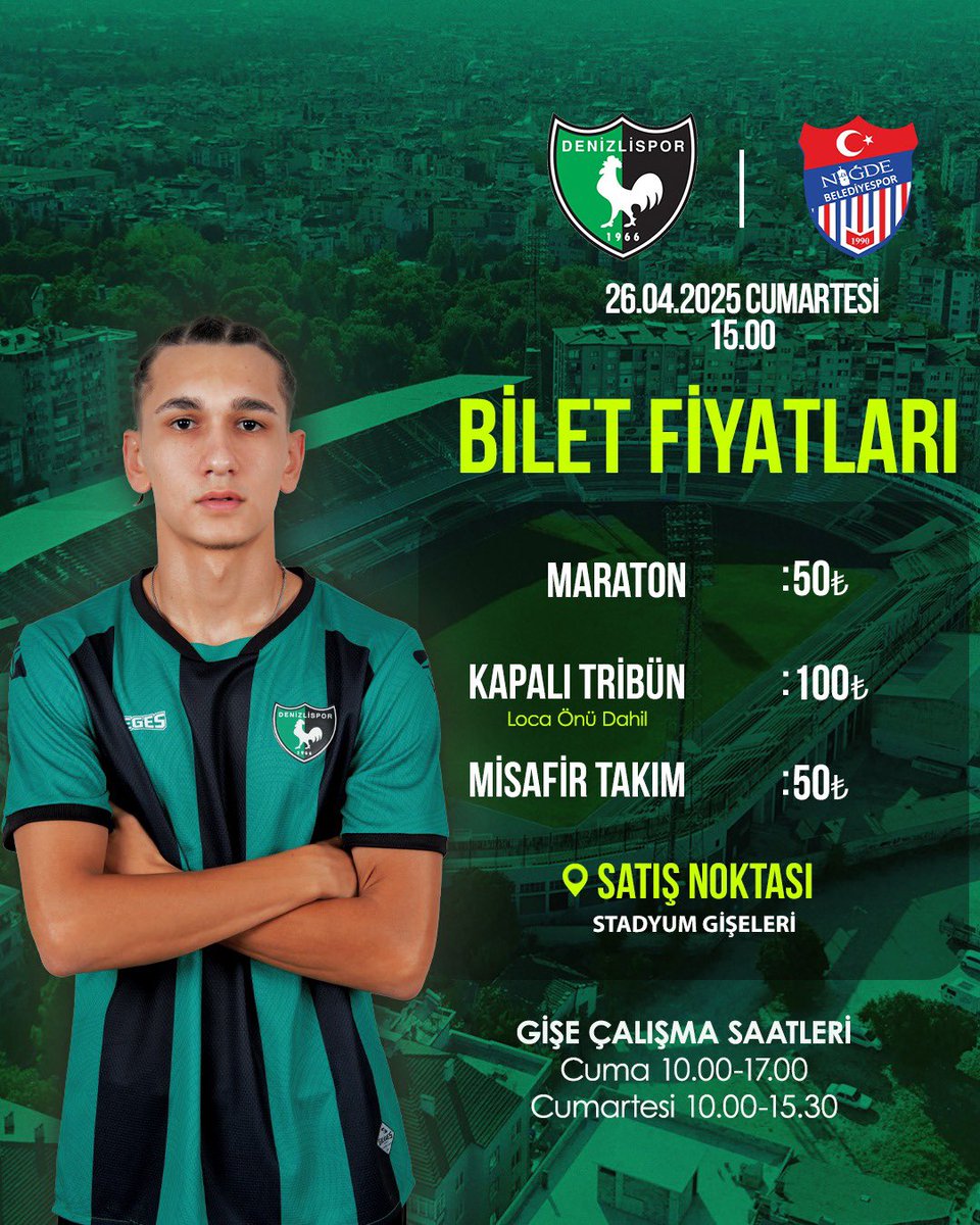 ⏳Cumartesi günü saat 15:00’da Niğde Belediyespor ile oynayacağımız karşılaşmanın bilet fiyatları;

• Maraton Tribünü: 50₺
• Kapalı Tribün: 100₺ (Loca Önü Dahil)
• Misafir: 50₺

🏟️ Tüm satışlar Cuma günü ve maç günü Denizli Atatürk Stadyumu bilet gişelerinden yapılacaktır.