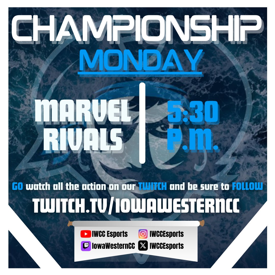 It's time to set sail! Marvel Rivals is being played tonight at 5:30 p.m. So be sure to tune in over on our twitch channel linked in bio and go support our players!
#sailsup #goreivers #esports #iowawestern #iwcc #gaming #twitch #championships #MarvelRivals