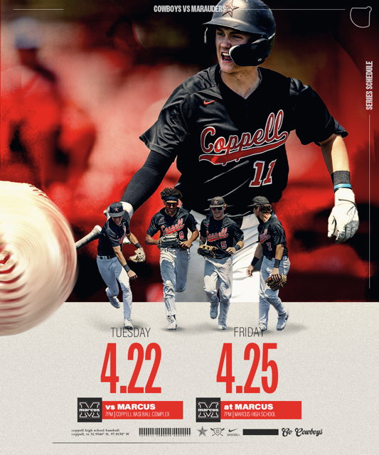 The Cowboys will be wrapping up the regular season with a pair of district games against Flower Mound Marcus. Game 1 is at Cowboy Field on Tuesday evening, and Game 2 will be on Friday evening at Marcus. Both games have a 7 PM first pitch. Go Cowboys!!

#NextManUp
#CFND