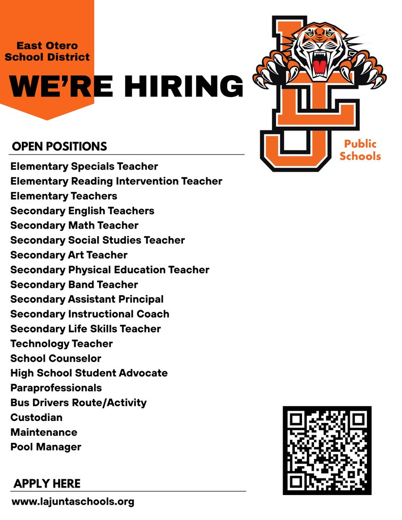 We are hiring!
Please visit our page to see available positions and to apply. 
lajuntaschools.org