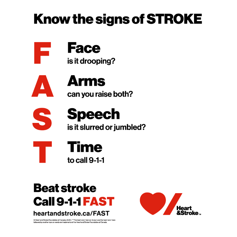 HeartandStroke's tweet photo. Stroke can happen at any age. 
Recognizing the signs of stroke and calling 9-1-1 immediately can mean the difference between life and death, or the difference between a better recovery and a lasting disability. 
Let’s all share the FAST signs of stroke. 
#BeatStroke