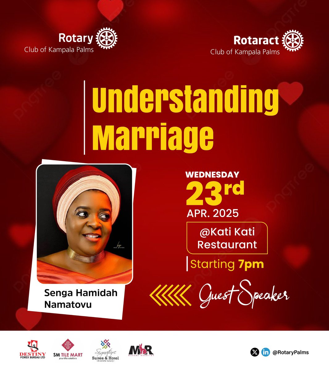 Rotary Club of Kampala Palms (@rotarypalms) on Twitter photo Various pillars provide the foundation for a healthy and fulfilling partnership. The President and members of <a href="/RotaryPalms/">Rotary Club of Kampala Palms</a> invite you as they learn and unlearn about marriage ๐๐ฟ. Date: 23/04/2025. Various pillars provide the foundation for a healthy and fulfilling partnership. The President and members of <a href="/RotaryPalms/">Rotary Club of Kampala Palms</a> invite you as they learn and unlearn about marriage ๐๐ฟ. Date: 23/04/2025.