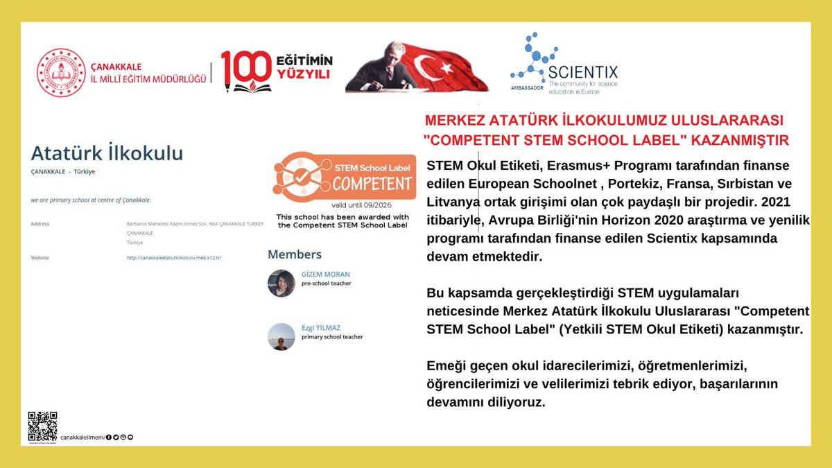 canakkale_arge's tweet photo. MERKEZ ATATÜRK İLKOKULUMUZ ULUSLARARASI "COMPETENT STEM SCHOOL LABEL" KAZANMIŞTIR.
Haberin Devamı İçin ⤵️
🔗https://t.co/SBf5fgP2xb
@tcmeb
@mineaktashayta
@mebyegitek
@ScientixTurkiye https://t.co/yHZvqxqCMJ