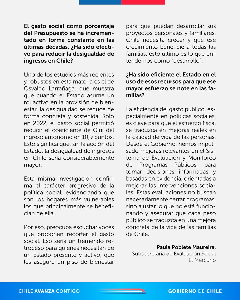 La subsecretaria de Evaluación Social, Paula Poblete Maureira, conversó con El Mercurio sobre la importancia del gasto social para promover el bienestar y reducir la desigualdad de forma sostenida, beneficiando principalmente a los hogares más vulnerables.
Revisa más aquí 👇📰