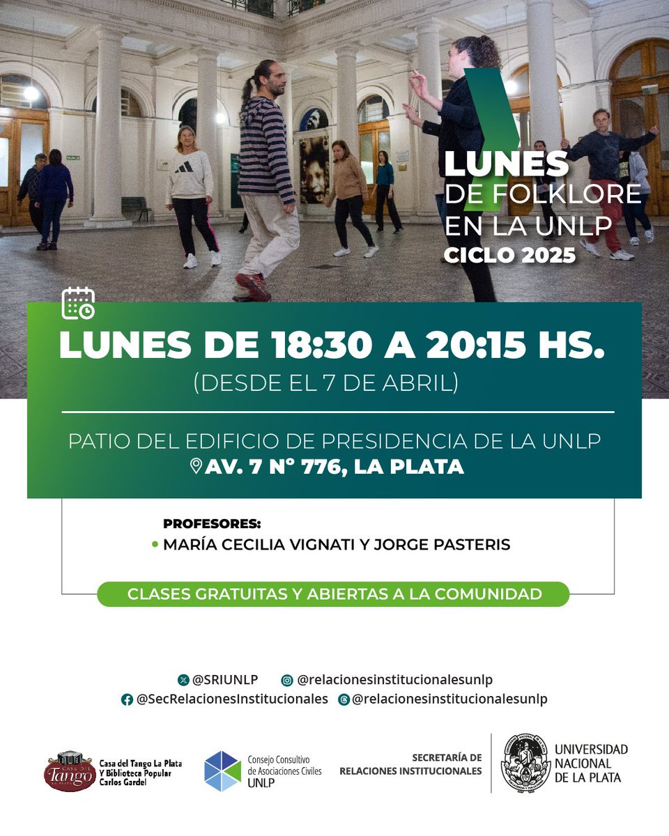 #LunesDeFolklore Hoy, desde las 18:30 hs., no te pierdas las clases gratuitas y abiertas de Folklore en el hermoso patio del edificio de Presidencia de la <a href="/unlp/">UNLP</a>.