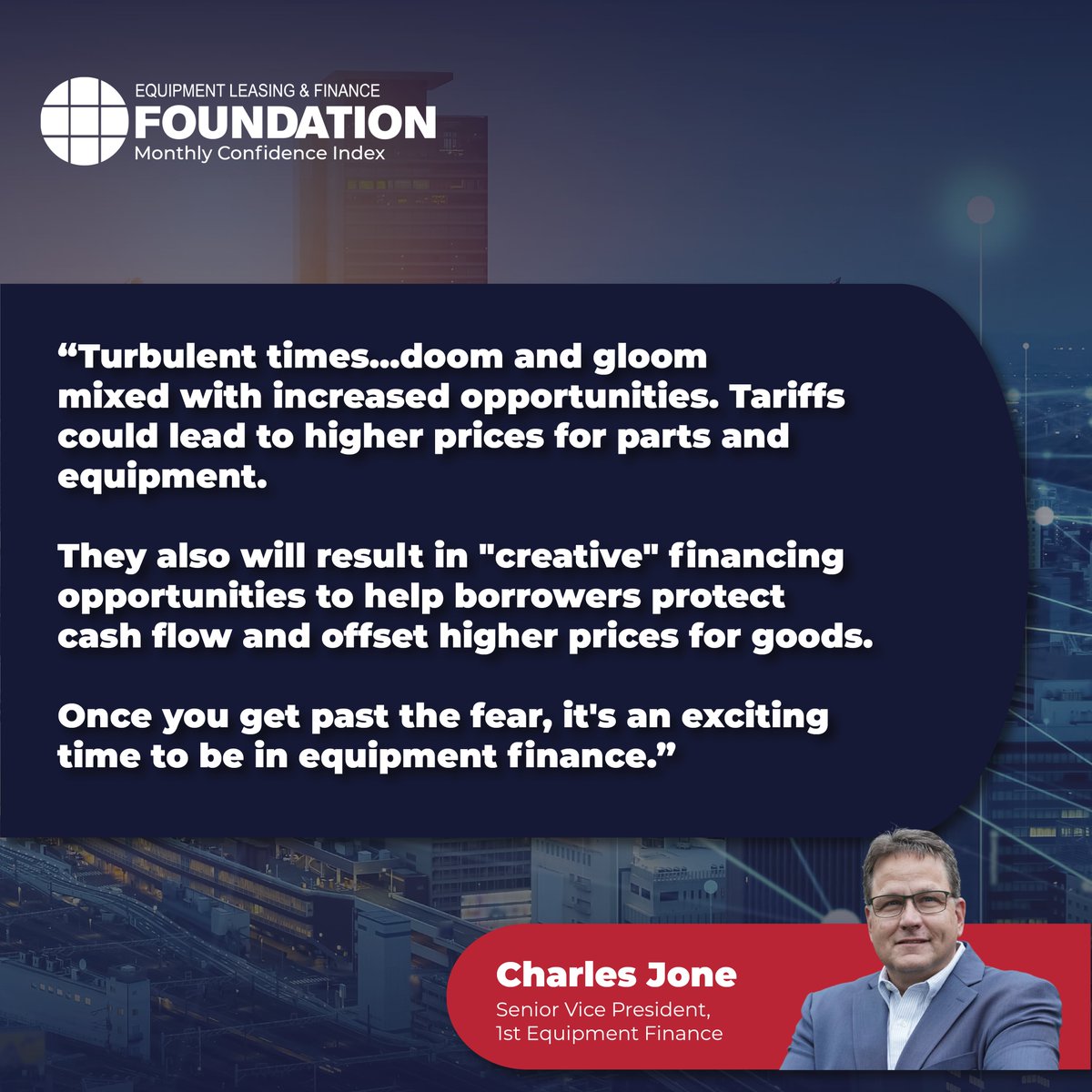 Thanks to #equipmentfinance industry execs for their insights in the April Monthly Confidence Index for the Equipment Finance Industry (MCI-EFI)! Also read about expectations for business conditions, capex demand, access to capital and MORE bit.ly/ELFFMCI 

#confidence