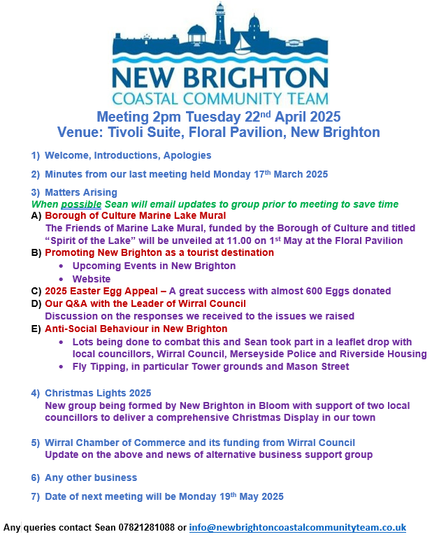 Agenda for the New Brighton Coastal Community Team meeting tomorrow at the Floral Pavilion. Comments and suggestions welcome