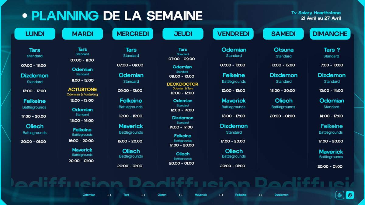 SLY Odemian (@odemianhs) on Twitter photo Le planning de la semaine!
Avec un stream exclusif du vainqueur du Solary Grand Prix <a href="/OtsunaFR/">Killian 'Otsu'</a> samedi :D Le planning de la semaine!
Avec un stream exclusif du vainqueur du Solary Grand Prix <a href="/OtsunaFR/">Killian 'Otsu'</a> samedi :D