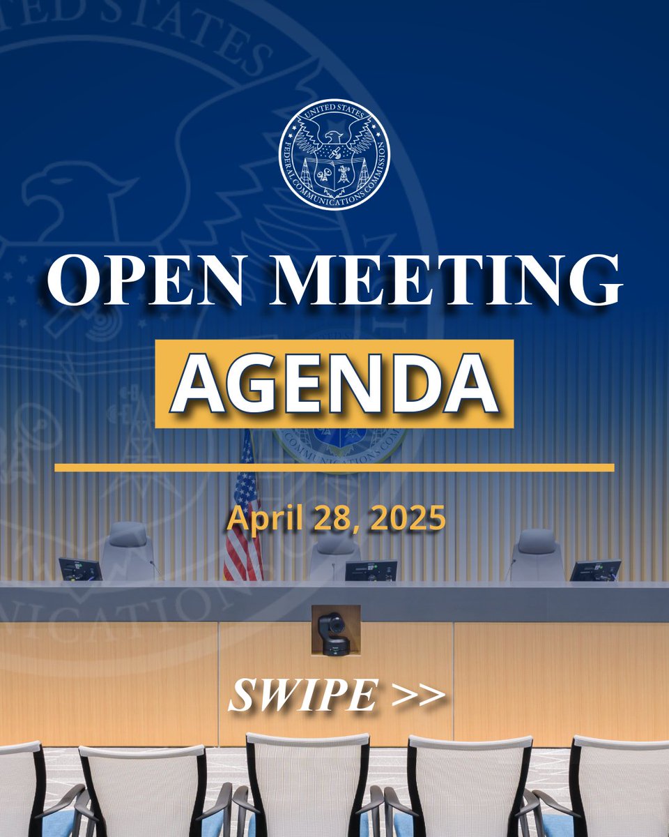 FCC's tweet photo. SPECTRUM IS BACK: Open Meeting Agenda for April 28, 2025

In one week the FCC will consider items on:

🛰️Efficient Satellite Spectrum Sharing
📶Unleashing Wireless Innovation 
📵Cracking Down on Robocalls
📄Streamlining Foreign Ownership Rules 

🔗: https://t.co/tHx0yCBV67 https://t.co/xJGKbT1jVq