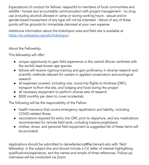 We are looking for applicants for the Kokolopori Research Fellowship. Fellows will spend one year in remote Congo gaining experience with behavioral data collection on wild, habituated bonobos. Check out the full posting below and apply now! 🌿📷 📝