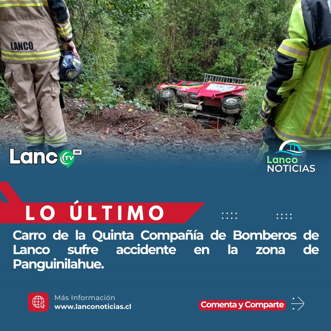 [AHORA] Carro de la Quinta Compañía de Bomberos de #Lanco sufre accidente en Panguinilahue mientras se dirigía a una emergencia. Habría perdido el control por las inclemencias del tiempo. Ocupantes salieron por sus propios medios. Se espera comunicado oficial.
#bomberos #Lanco