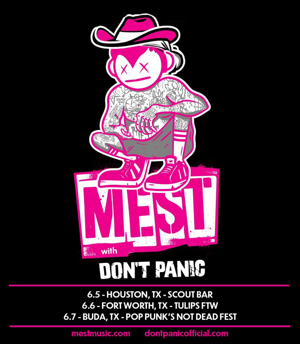 🤠 Howdy Partners🤠
We’ll be seein yall with our friends <a href="/TheOfficialMEST/">MEST</a> this June for a few shows down in the great lone star state of Texas. 
June 5 - Houston, TX
June 6 - Fort Worth, TX
June 7 - Buda, TX
Tickets to all three shows are on-sale now at dontpanicofficial.com
