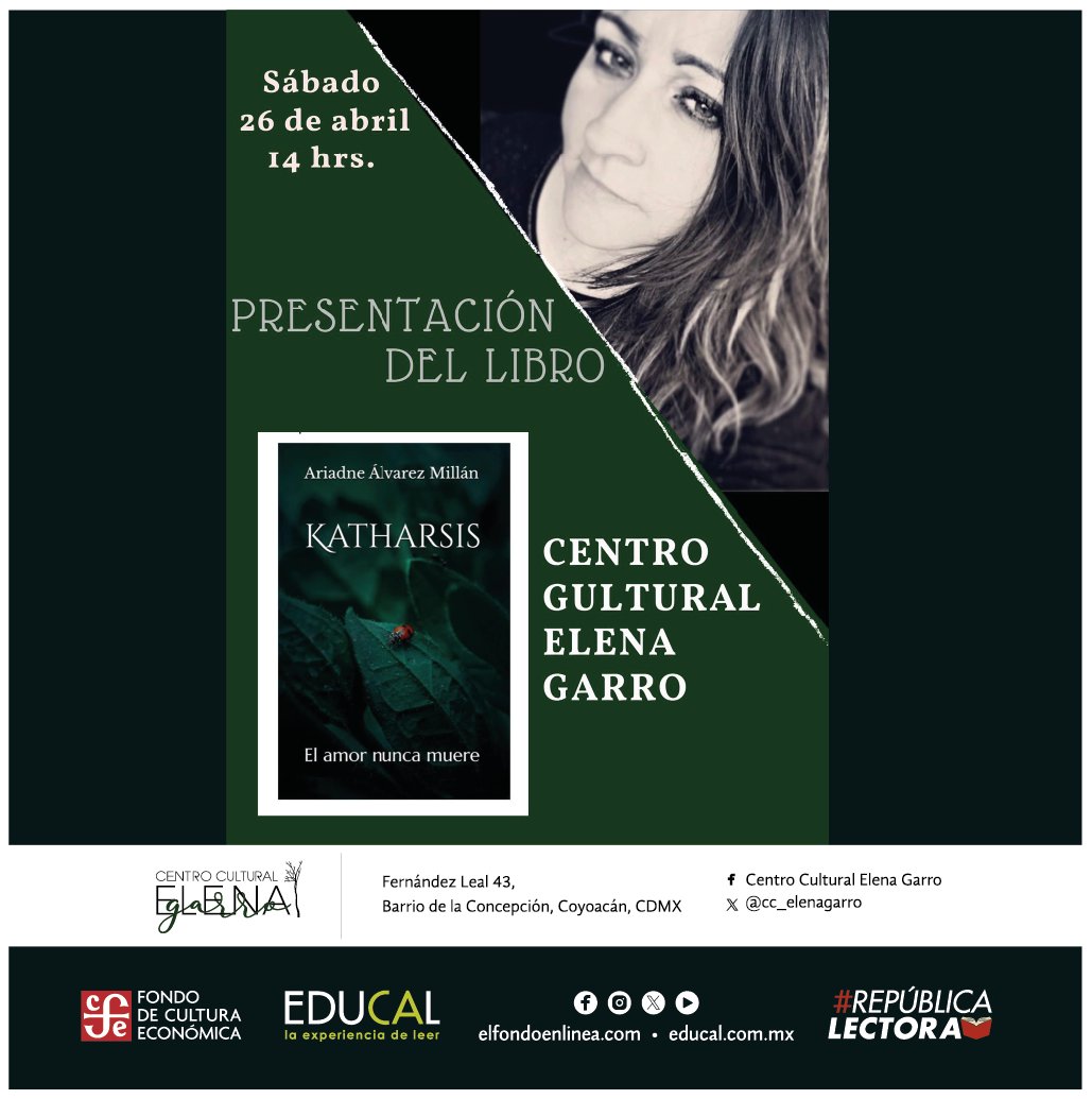 Te invitamos a la presentación del libro "Katharsis" de Ariadne Álvarez Millán. 📖

Sábado 26 de abril, 14 horas, #EntradaLibre. 🤩

<a href="/LibreriasEducal/">libreriaseducal</a> 

#ActividadesCCEG #RepúblicaLectora
