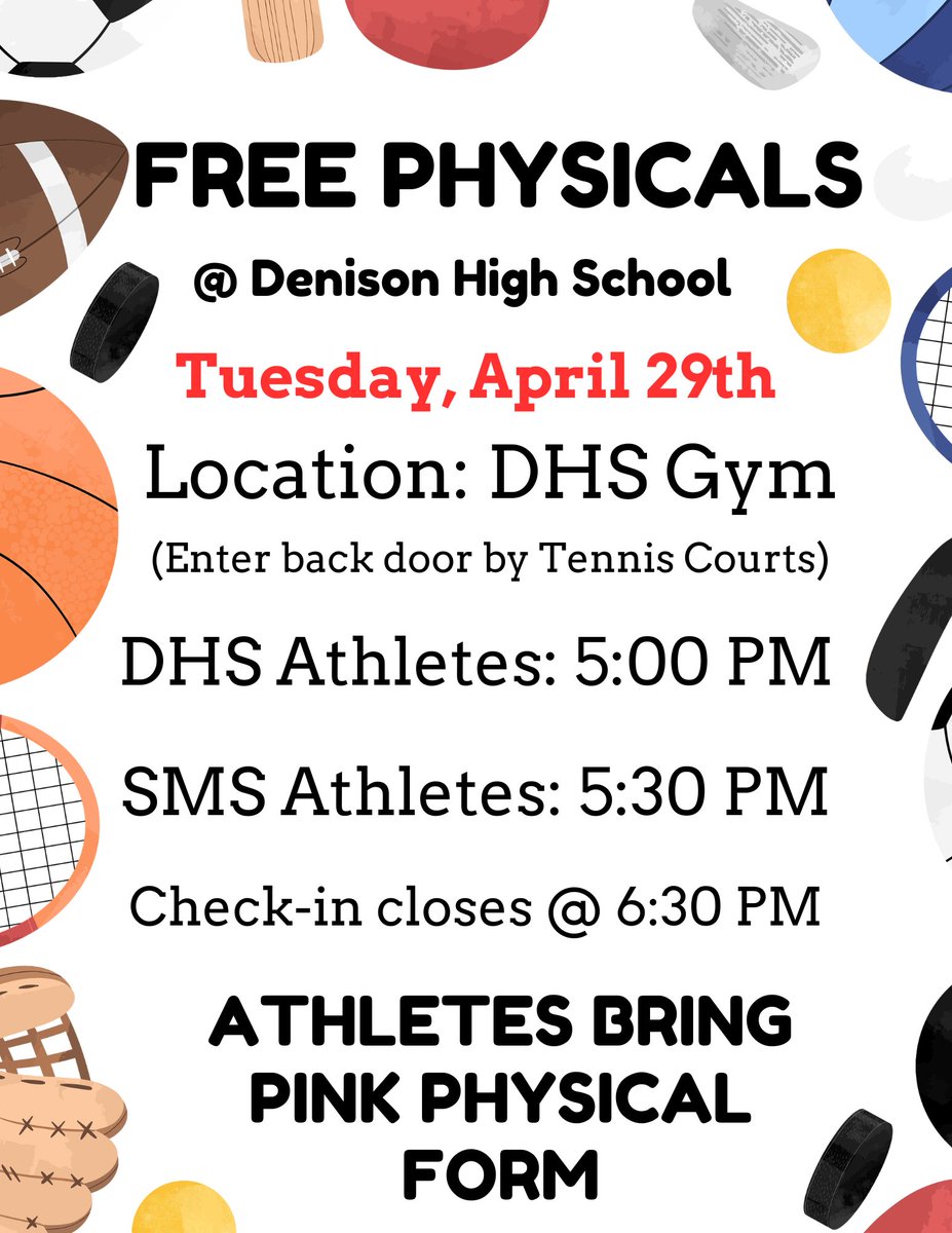Free physicals next Tuesday, April 29th at DHS!!!
Have your student stop by the Training Office or the front office this week to pick up a Pink Physical Form...