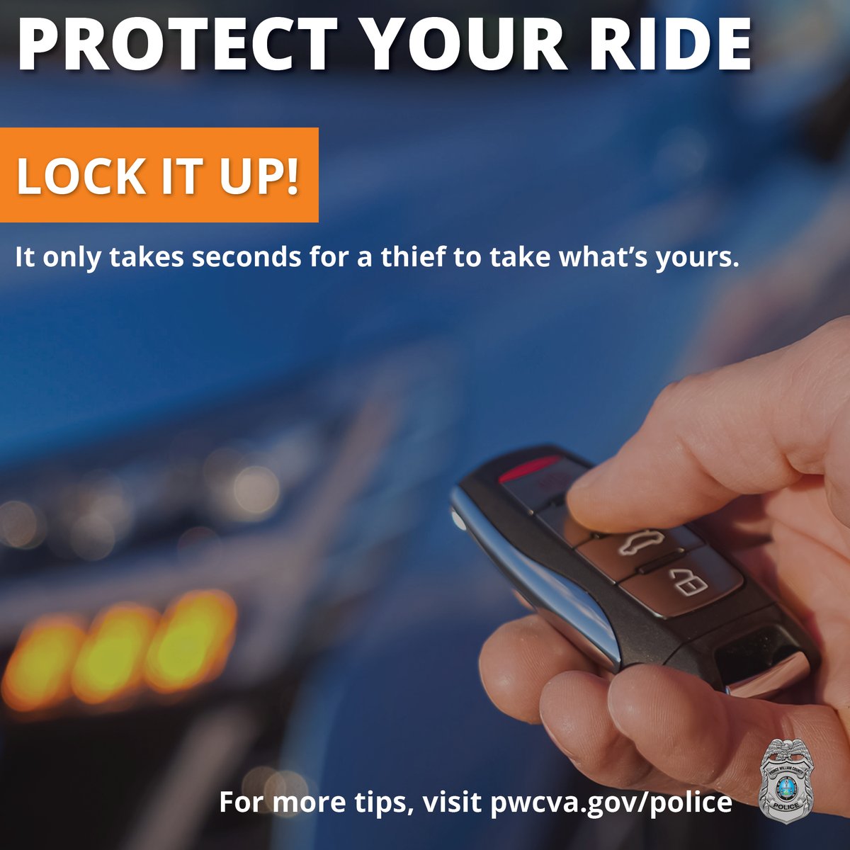 PWCPolice's tweet image. Vehicle Theft – #LockItUp!
*Never leave your keys in the ignition or leave a spare key in your car.
*Don't leave your vehicle running unattended.
*Always lock your car.
*Use a steering wheel locking device or a wheel locking device.
Visit: pwcva.gov/communitysafety #CrimePrevention