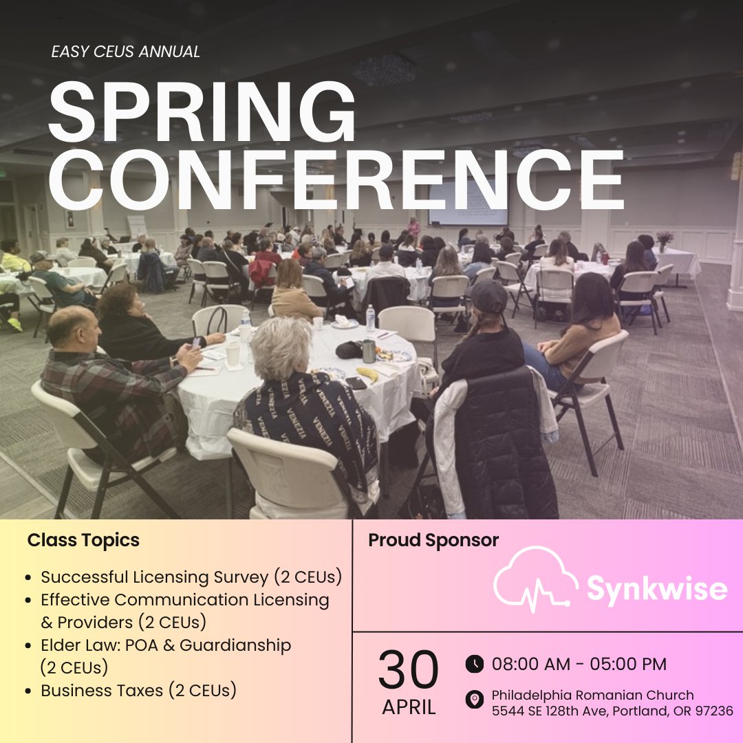 synkwise's tweet image. Synkwise is proud to be one of the sponsor's at the Annual Spring Conference in Portland, OR!🎉
This is a great opportunity to connect with providers and earn free CEUs.
👉 We’d love to connect and share how Synkwise is helping providers like you.
#CEUs #SpringConference #EHR